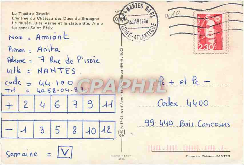 CPM Nantes Le Theatre Graslin l'entree du chateau des Ducs de Bretagne — Verso