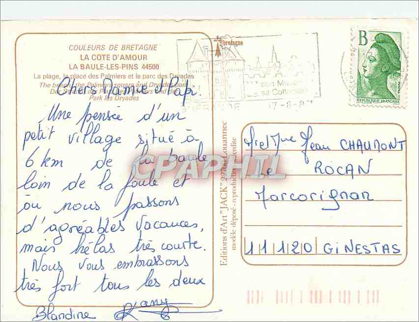 CPM La Cote d'Amour La Baule Les Pins la plage la place des Palmiers et le parc des Davades — Rückseite