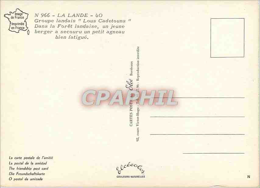 CPM La Landes groupe landais lous Cadetouns dans le Foret Landaise un jeune berger a Secouru un peti — Rückseite