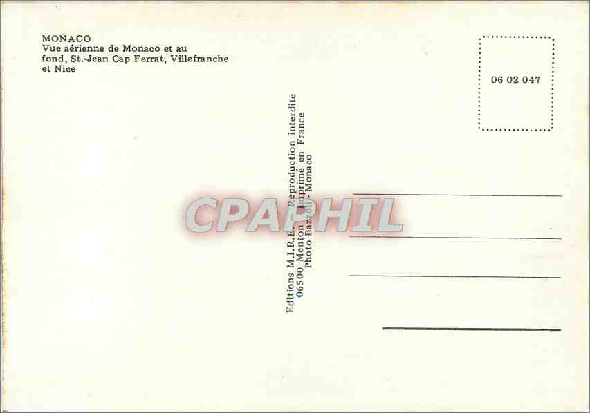 Vue aérienne de Monaco — Cap Ferrat et Villefranche au fond — Éditions M.I.R.E. Menton — Rückseite