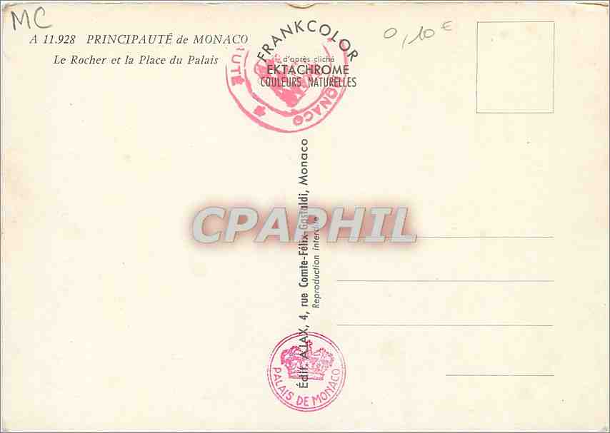 CPM Principaute de Monaco Le Rocher et la Place du Palais — Verso