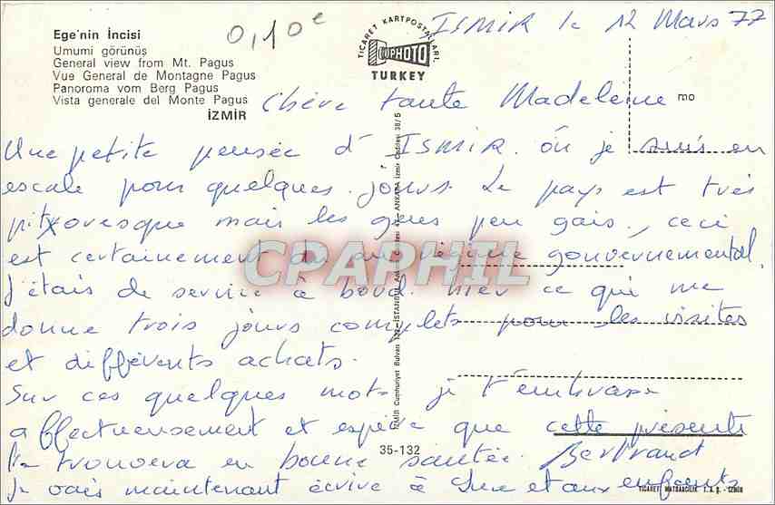 CPM Izmir Ege nin Incisi vue generale de Montagne Pagus — Verso