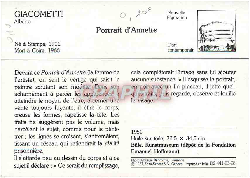 CPM Giacometti Portrait d'Annette — Verso
