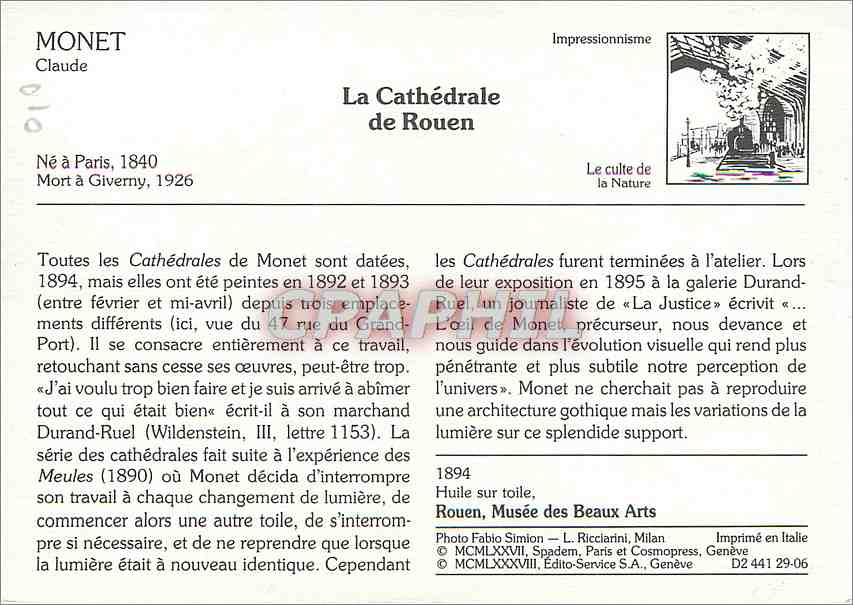CPM Monet Claude La Cathedrale de Rouen — Rückseite