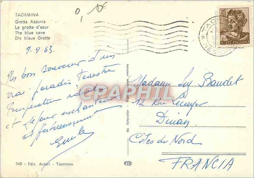 Grotta Azzurra — Taormina — Éditeur Auteri, n°348 — Verso
