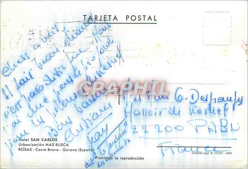 CPM Hotel San Carlos Urbanization Mas Busca Rosas Costa Brava Gerona (Espana) — Rückseite