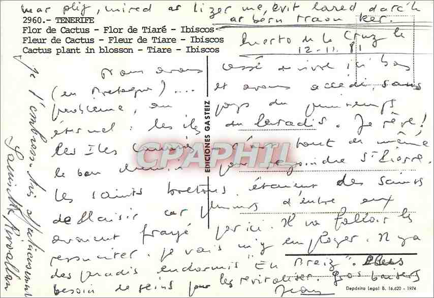 CPM Tenerife Fleurs de Cactus Fleurs de Tiare Ibscoa — Back