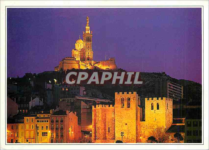 CPM Marseille Illumination de la Basilique N D de la Garde au premier plan l'Abbaye Saint Victor