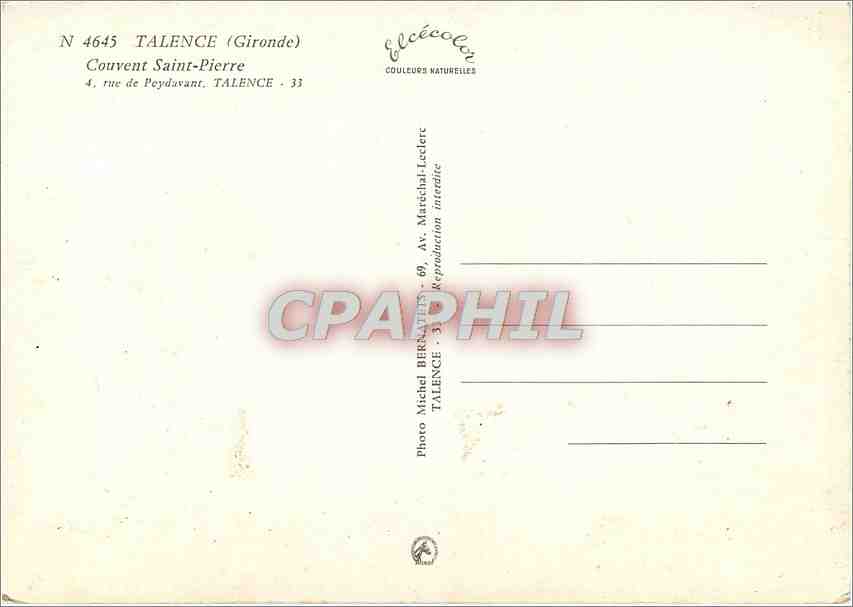 CPM Talence (Gironde) Couvent Saint Piere rue de poydavant Talence — Rückseite
