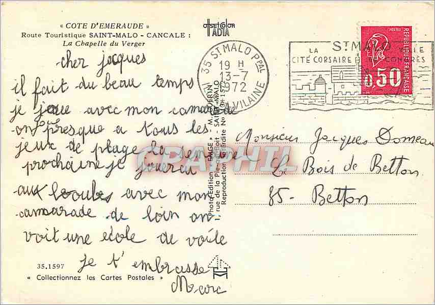 La Chapelle du Verger — Côte d'Émeraude, Saint-Malo — Éditeur Enjé — Verso