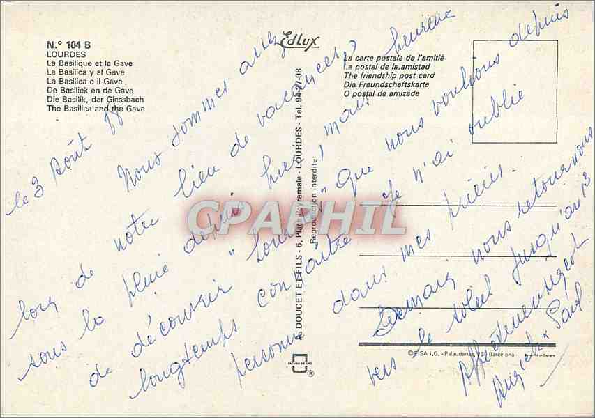 CPM Lourdes La Basilique et la Gave — Verso