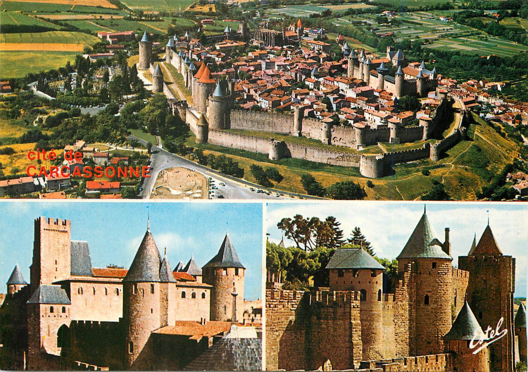 CPM Carcasonne (Aude) Vue aerienne de la cite prise du nord est a gauche la porte Narbonnaise