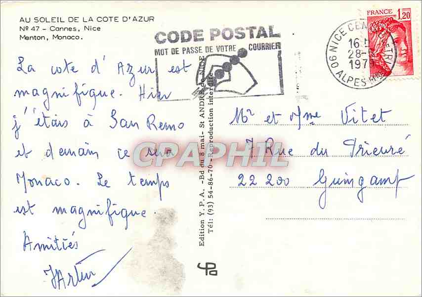 CPM Au soleil de la cote d'Azur Cannes Nice Menton Monaco — Verso