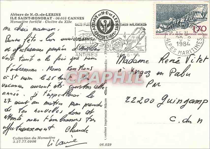 CPM Abbaye de N D de Lerins Ile Saint Honorat Cannes Monastere Fortifie Cloitre du XIIe — Verso