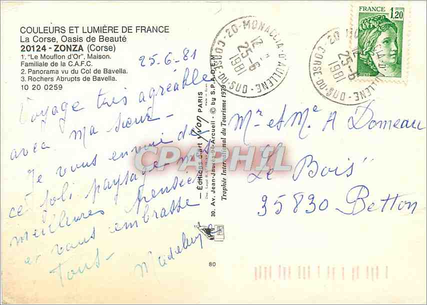 CPM Zonza (Corse) Le Mouflon d'Or Maison Familiale de la C A F C — Rückseite