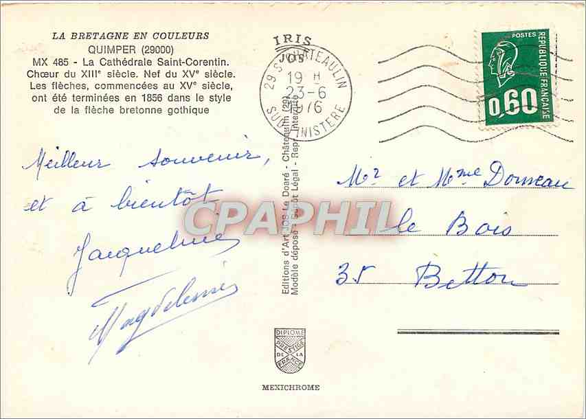 CPM La Bretagne en coulerus Quimper La Cathedrale Saint Corentin — Rückseite