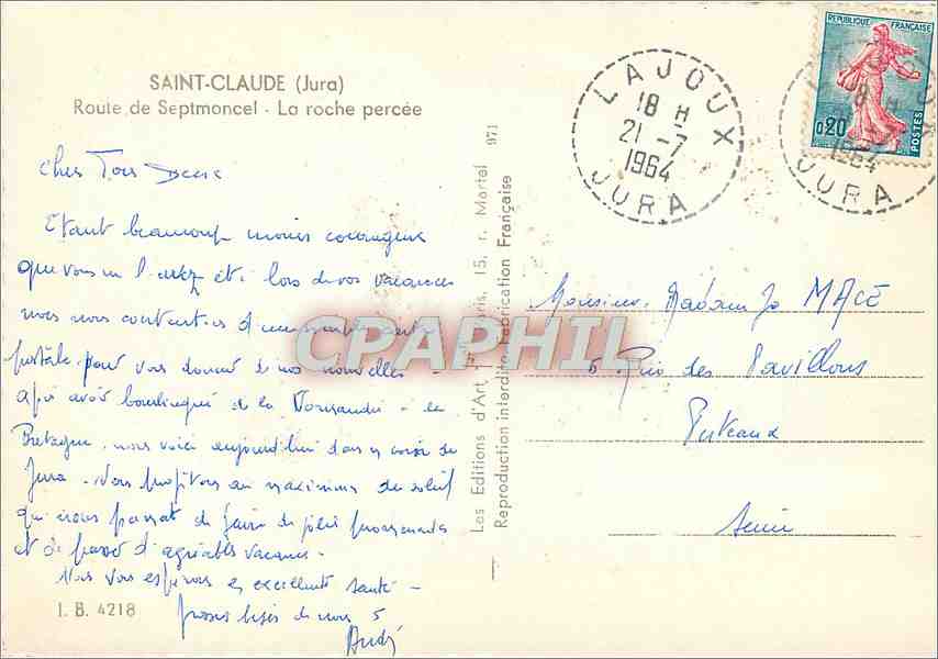 CPM Saint Claude (Jura) Route de Septemoncel la roche percee — Rückseite