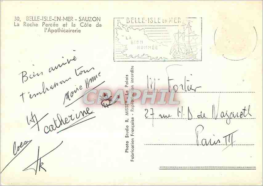 CPM Belle Isle en Mer Sauzon La Roche Percee et la Cote de l'Apothicairerie  — Rückseite