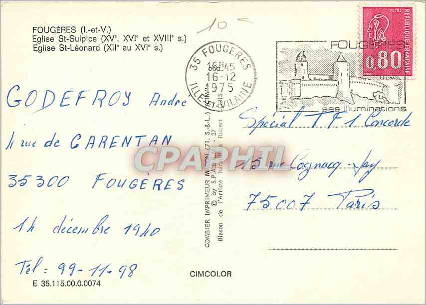 CPM Fougeres Eglise St Sulpice Eglise St Leonard  — Rückseite