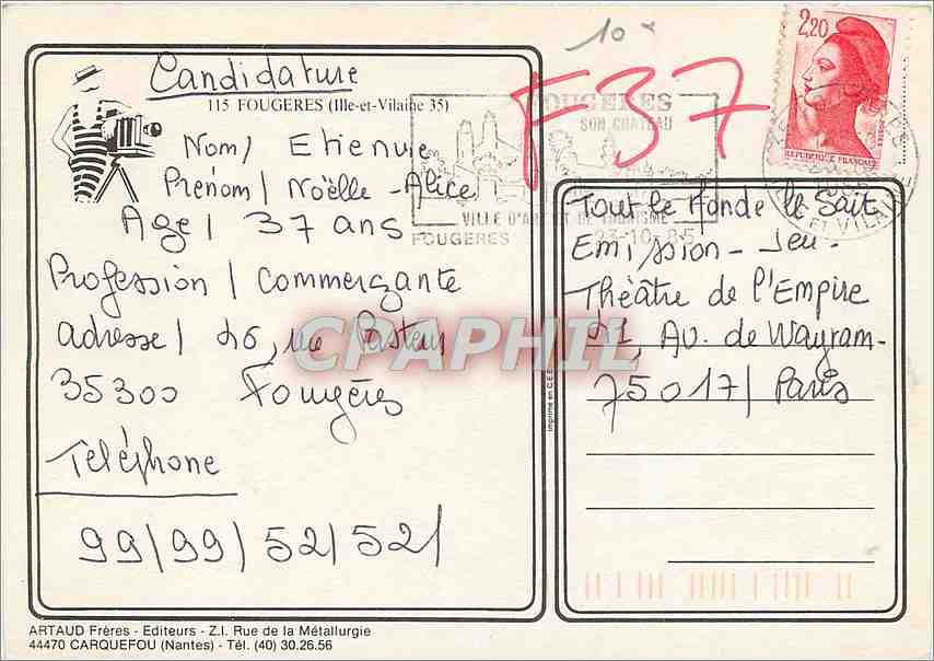 CPM Fougeres Duche de Bretagne  — Back
