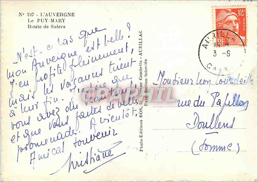 CPM L'Auvergne Le Puy Mary Route de Salers  — Verso