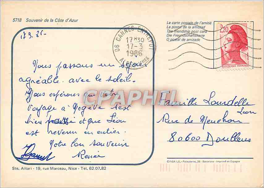 CPM La Cote d'Azur Menton Monte Carlo Cagnes Saint Raphael Eze — Rückseite