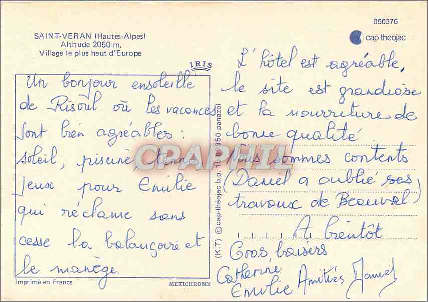Saint-Veran (Hautes-Alpes) — Village le plus haut d'Europe — éditeur IRIS, n° de série 050376 — Rückseite