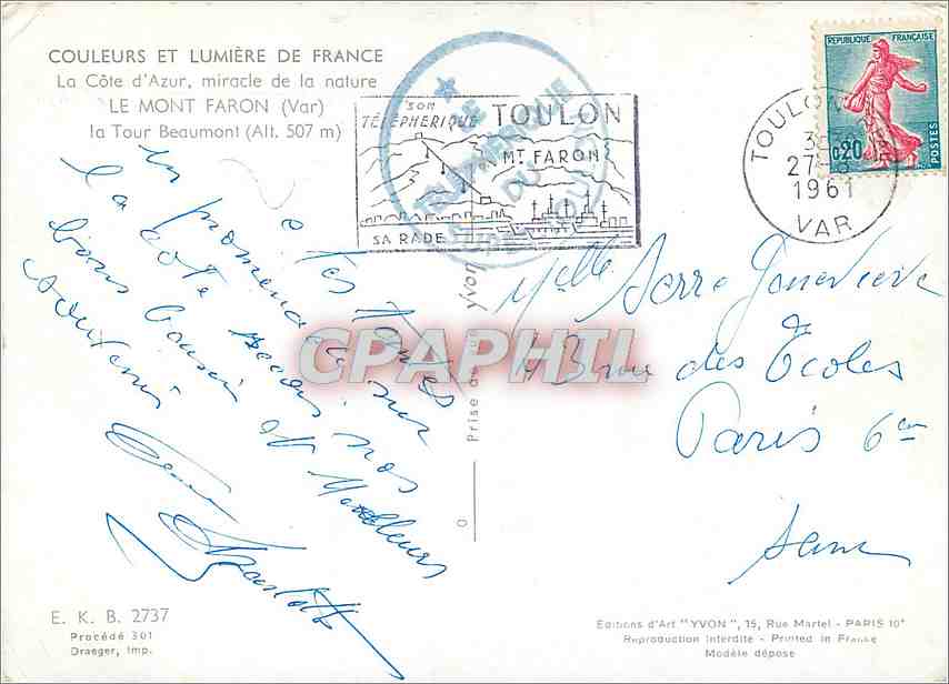 CPM La Cote d'Azur miracle de la nature Le Mont Faron Var la Tour Beaumont  — Rückseite