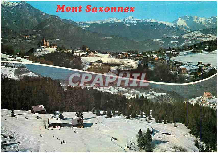 Mont Saxonnex — vue enneigée avec village et montagnes — Éditions J. LELARD
