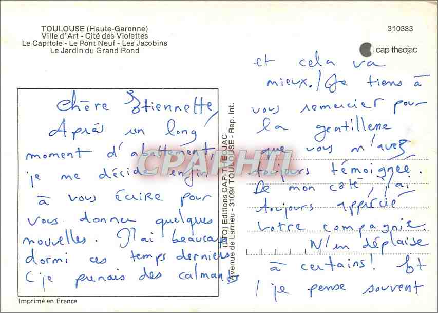 CPM Toulouse Haute Garonne Ville d'Art Cite des Violettes Le Capitole Le Pont Neuf  — Verso