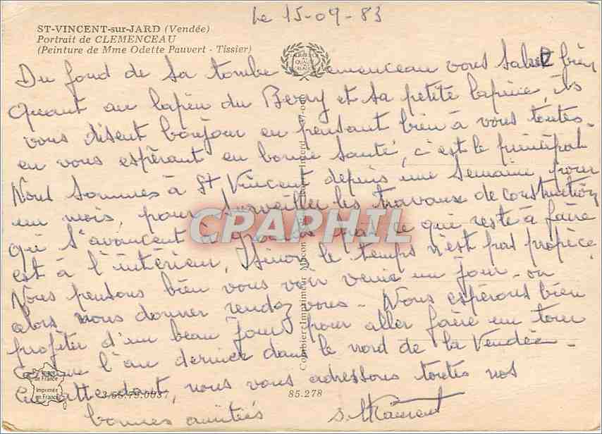 CPM St Vincent sur Jard Vendee Portrait de Clemenceau  — Back