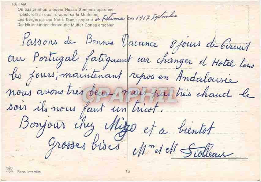 CPM Fatima Les Bergers a qui Notre Dame apparut  — Rückseite