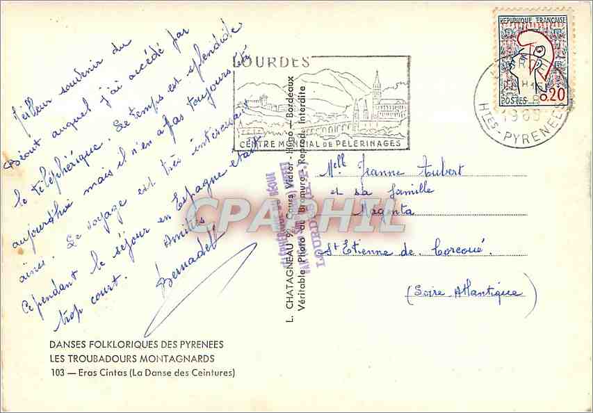 CPM Danses Folkloriques des Pyrenees Les Troubadours Montagnards LA danse des ceintures — Verso