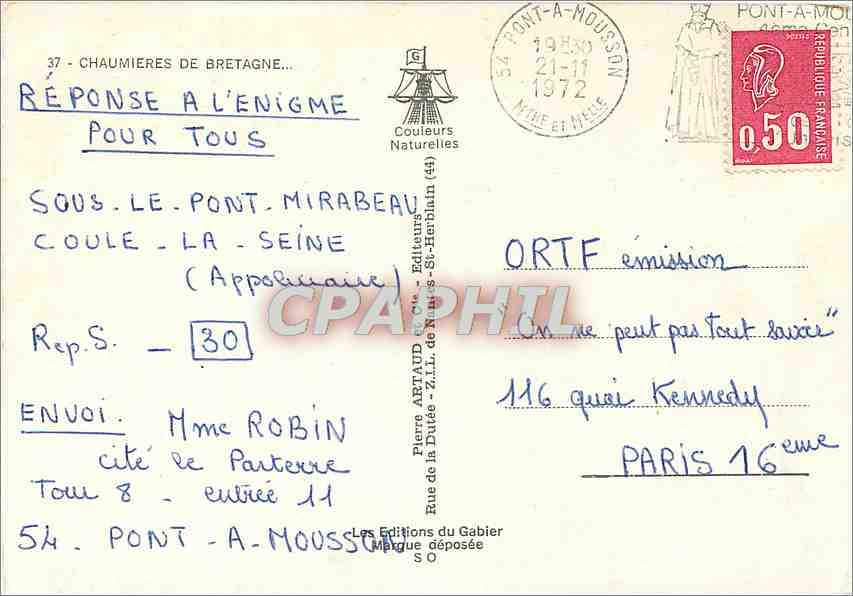 CPM Chaumieres de Bretagne  — Back