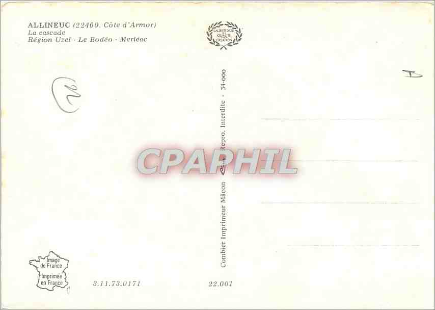 CPM Allineuc Cote d'Armor La Cascade Region Uzel Le Bodeo  — Back