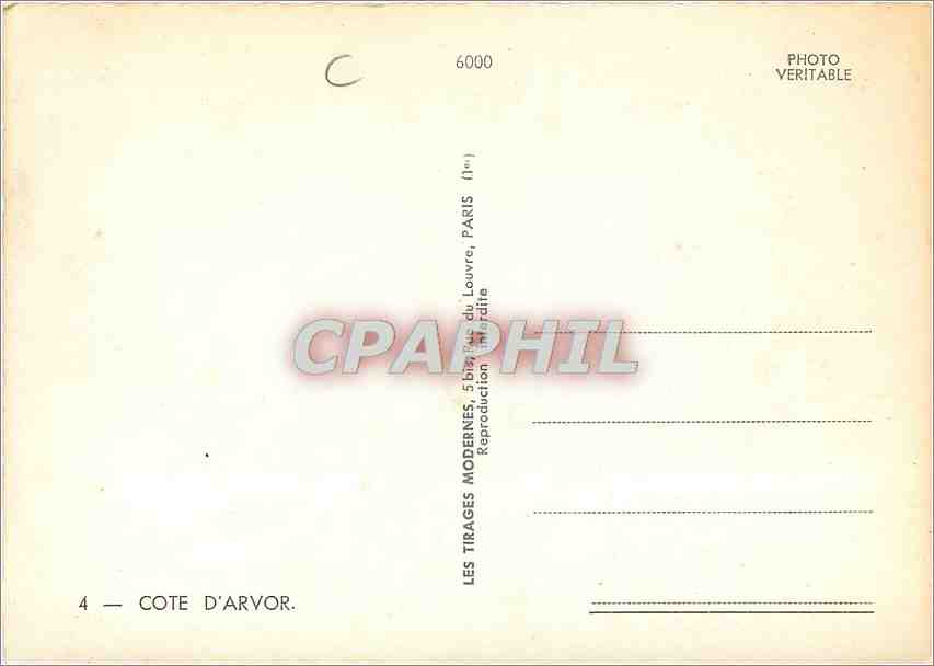 La Côte d'Arvor — Carte postale touristique — Éditeur : Les Tirages Modernes, Paris — Verso