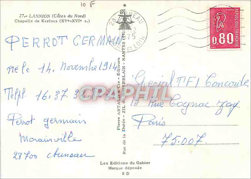 CPM Lannion Cotes du Nord Chapelle de Kerfons  — Rückseite