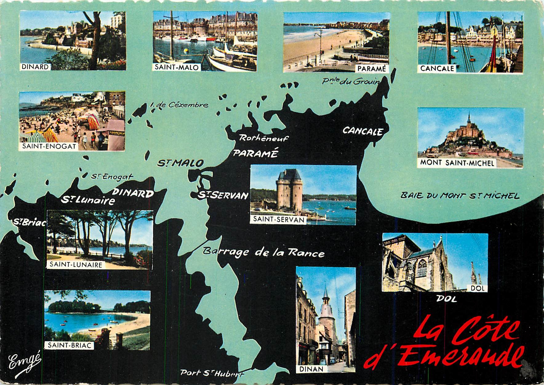 La Côte d'Émeraude — Carte postale illustrée avec vue de plusieurs sites — Éditeur Emgé