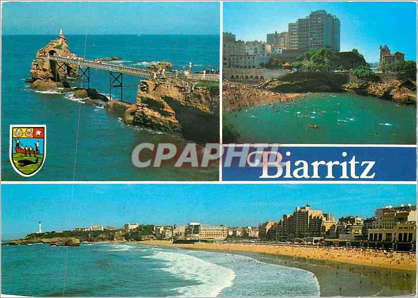 CPM Biarritz Le Rocher de la Vierge La plage du Port Vieux et la villa Beltza La grande et le phare 
