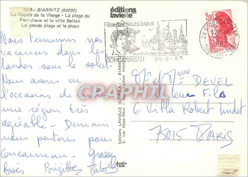 CPM Biarritz Le Rocher de la Vierge La plage du Port Vieux et la villa Beltza La grande et le phare  — Verso
