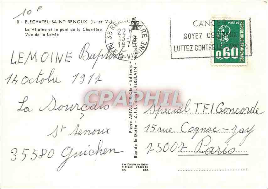 Vue de la Vilaine et du pont de la Charrière — Plechâtel-Saint-Senoux — Éditeur : Pierre Artaud & Cie — Verso