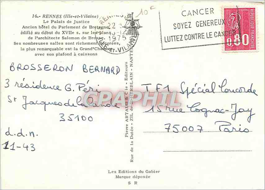 CPM Rennes Illes et Vilaine Le Palais de Justice  — Rückseite