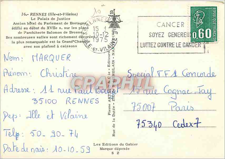 CPM Rennes Illes et Vilaine Le Palais de Justice  — Rückseite