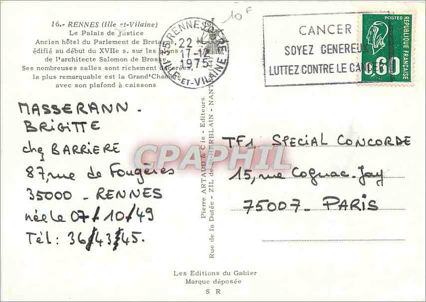 CPM Rennes Illes et Vilaine Le Palais de Justice  — Rückseite