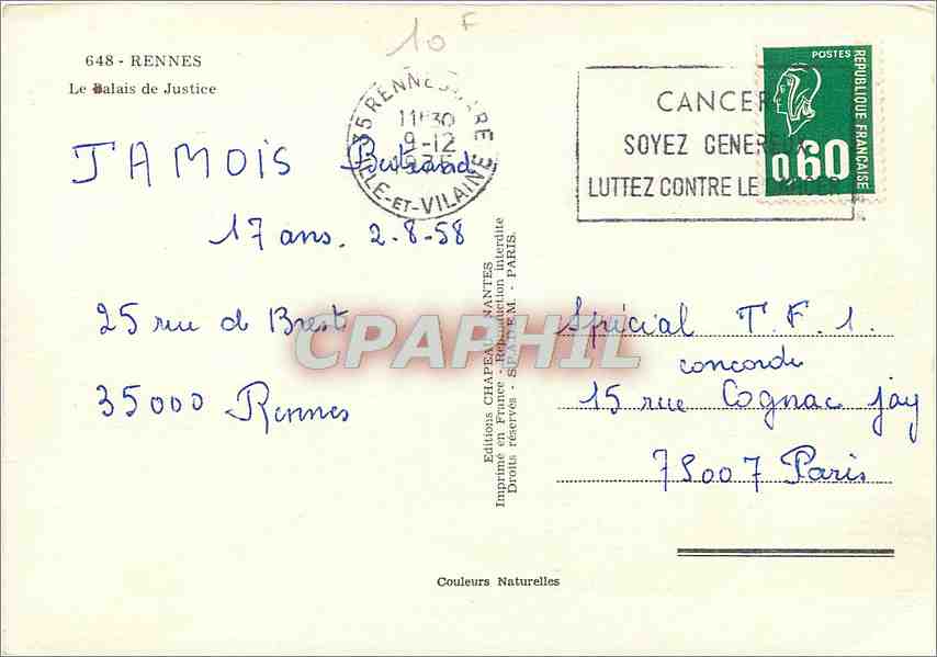 CPM Rennes Le Palais de Justice  — Rückseite