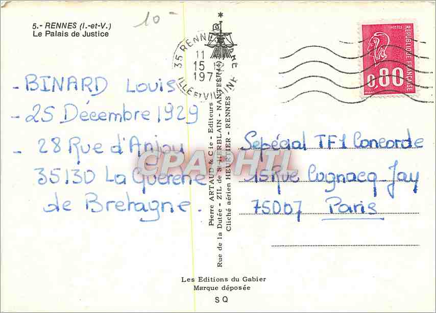 CPM Rennes L et V Le Palais de Justice  — Rückseite