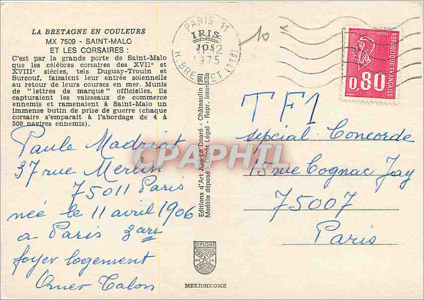 CPM Saint Malo et les Corsaires  — Verso