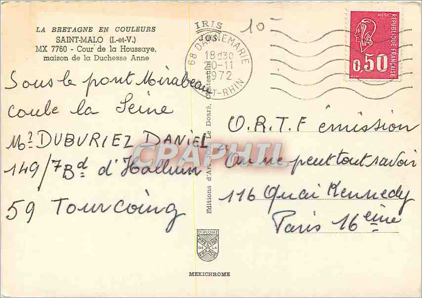 Saint-Malo (Il-et-V.) — Cour de la Duchesse Anne — Éditions d'Art de la Méxichrome — Verso