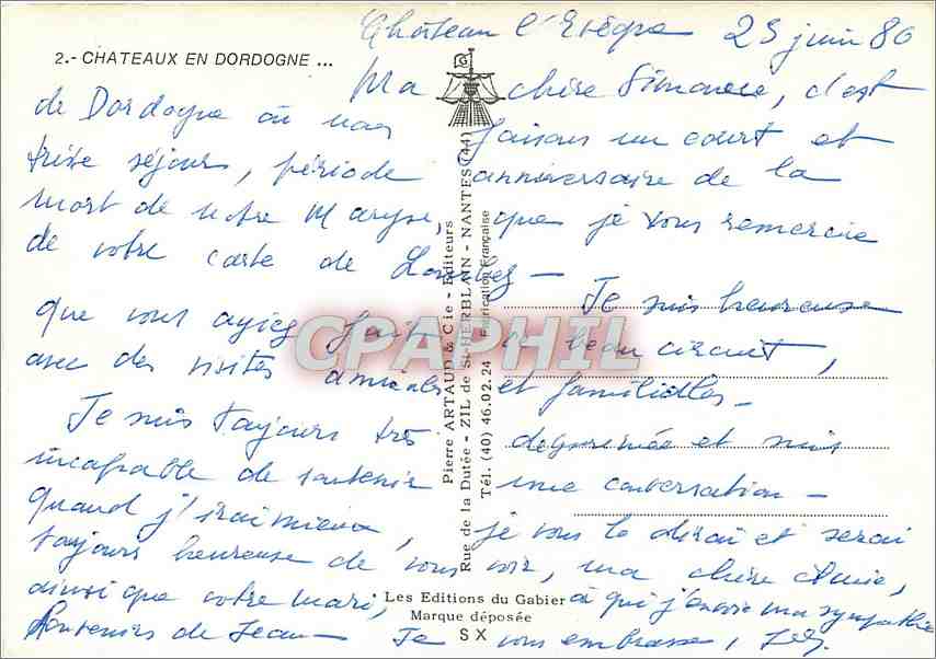 Châteaux en Dordogne — Les Milandes, Beynac, Fayrac, Domme, Montfort, Castelnau, La Roque Gageac, Biron, Fénelon — Éditeur Artaud & Cie — Verso