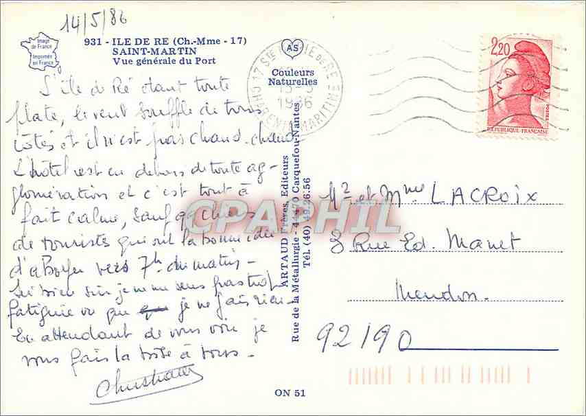 Ile de Ré — Vue générale du Port — Artaud, éditeur — Verso